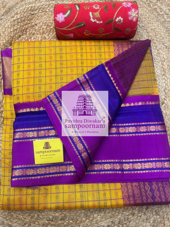 Mambazha manjal with Purple, Traditional Borders, Lakshadeepam thread Butta in the Body and Grand Pallu , Korvai Silk Cotton Saree