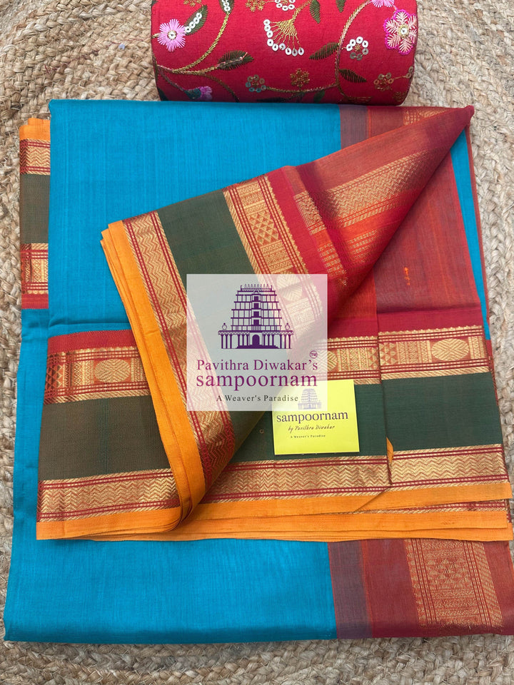 Ramar Blue with Rust Orange , Rettapet Traditional Borders, and Grand Pallu Korvai Silk Cotton Saree