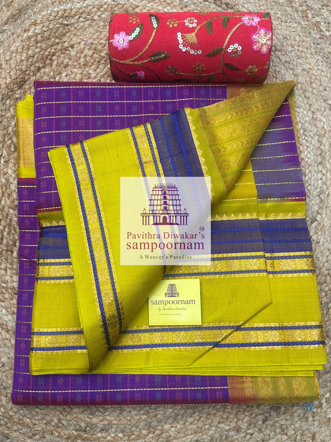 Purple with Lemon Yellow, Lakshadeepam Zari Butta in the Body, Rettapet Border and Grand Pallu ,Korvai Silk Cotton Saree