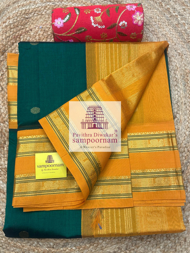 Dark Green with Fenugreek, Rich Zari Butta in the Body, Traditional Rettapet Border and Grand Pallu ,Korvai Silk Cotton Saree