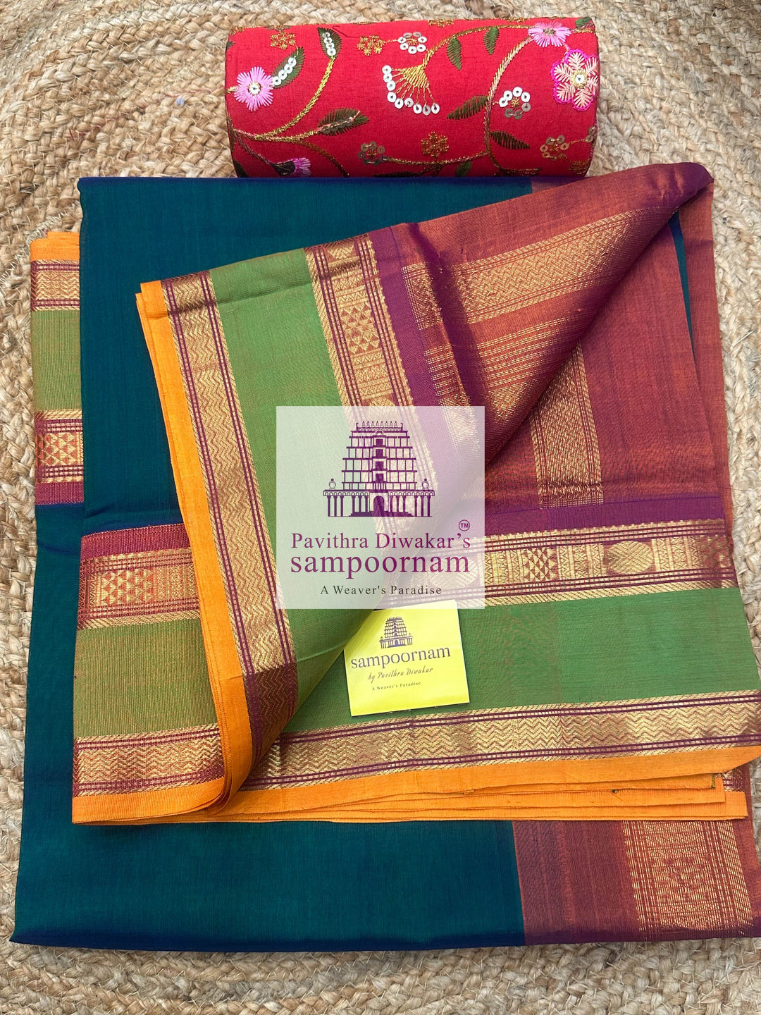 Mayilkazhuthu green with Dark rust Orange, rettapet Border and Grand Pallu , Korvai Silk Cotton Saree