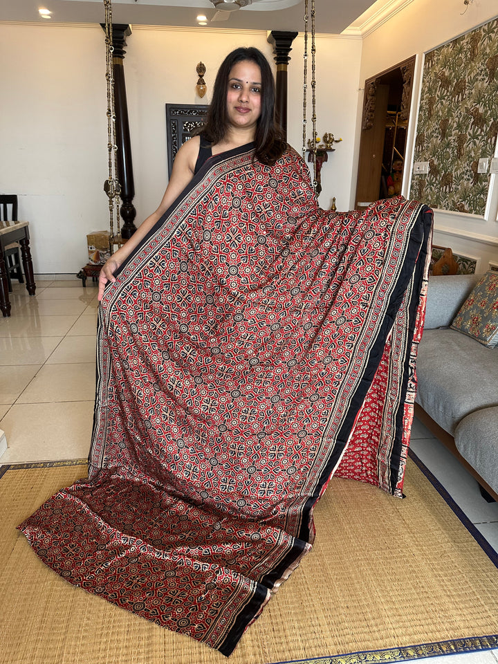 Red Ajrakh Natural Handblock Printed Pure Modal Silk Saree