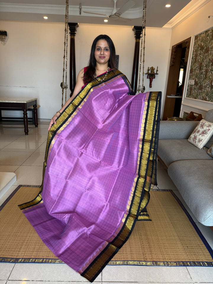December Flower Lavender with Black colour ,full body checks ,traditional border rich pallu Korvai Silk Cotton Saree