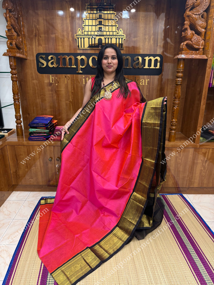 Fuchsia Pink with Brown , one side long traditional border and grand Pallu Silk Cotton Saree