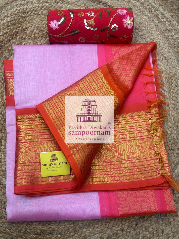 Pastel Pink with Orange, Rich One Side Big Kanchi Border and Grand Pallu ,Korvai Silk Cotton Saree