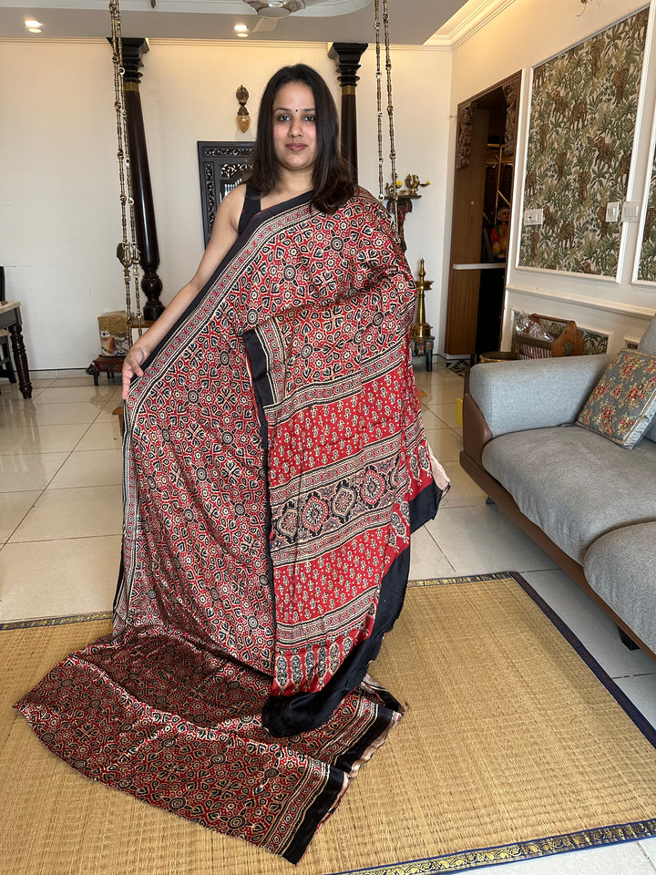 Red Ajrakh Natural Handblock Printed Pure Modal Silk Saree