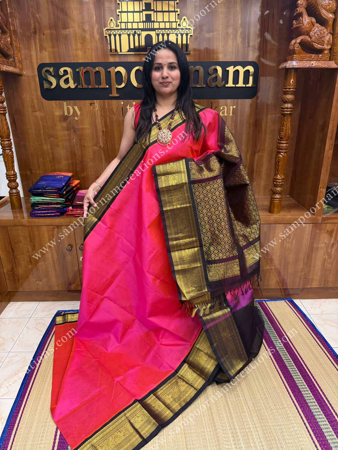 Fuchsia Pink with Brown , one side long traditional border and grand Pallu Silk Cotton Saree