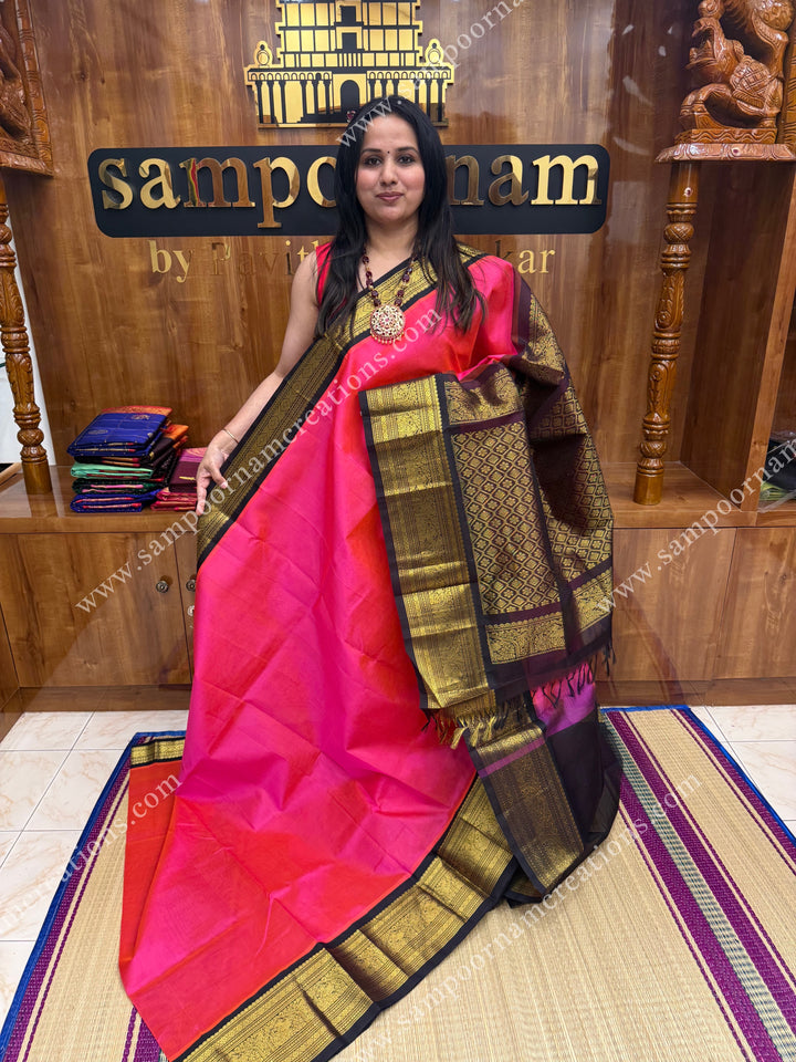 Fuchsia Pink with Brown , one side long traditional border and grand Pallu Silk Cotton Saree