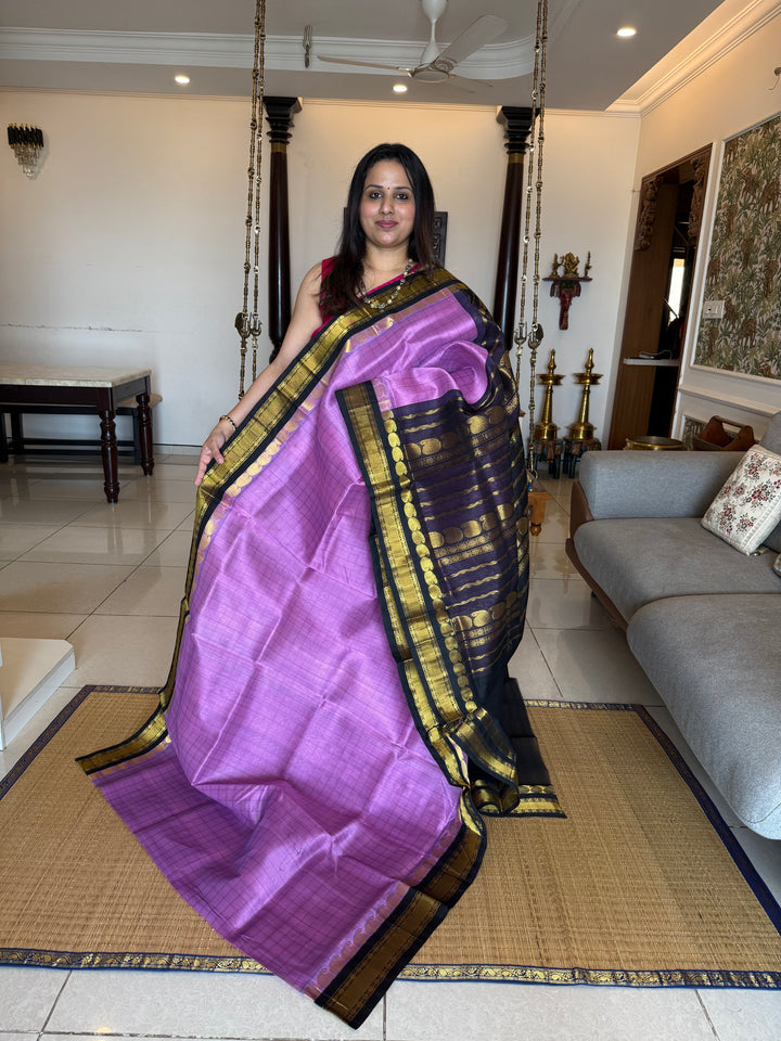December Flower Lavender with Black colour ,full body checks ,traditional border rich pallu Korvai Silk Cotton Saree