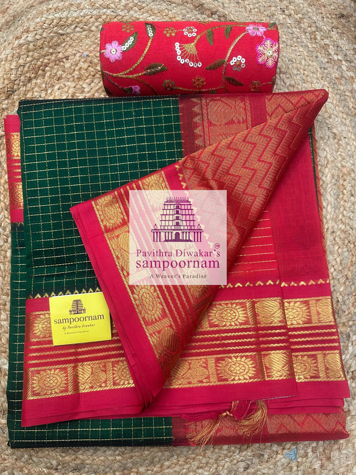 Dark Green with Red, Rich Zari Kattam in the Body, Rettapet Border and Grand Pallu,Korvai Silk Cotton Saree