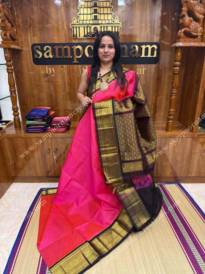 Fuchsia Pink with Brown , one side long traditional border and grand Pallu Silk Cotton Saree