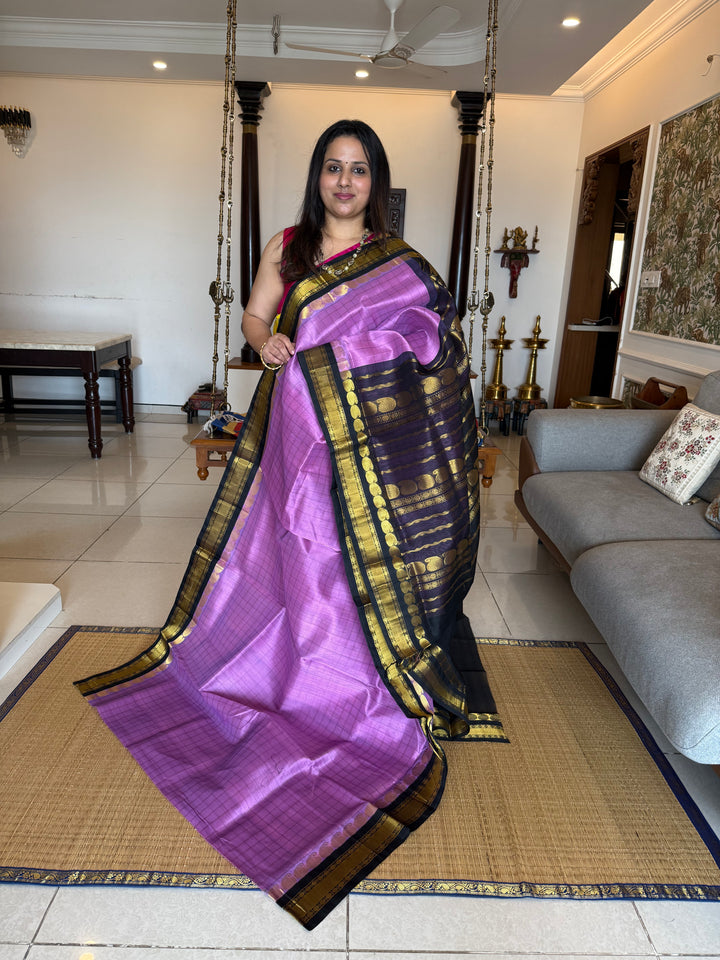 December Flower Lavender with Black colour ,full body checks ,traditional border rich pallu Korvai Silk Cotton Saree