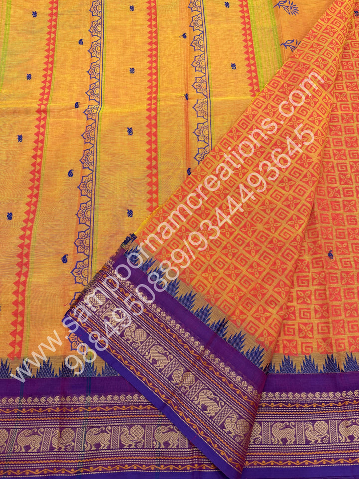 Orange with Yellow , Floral  Handblock Printed  Chettinad Cotton Saree