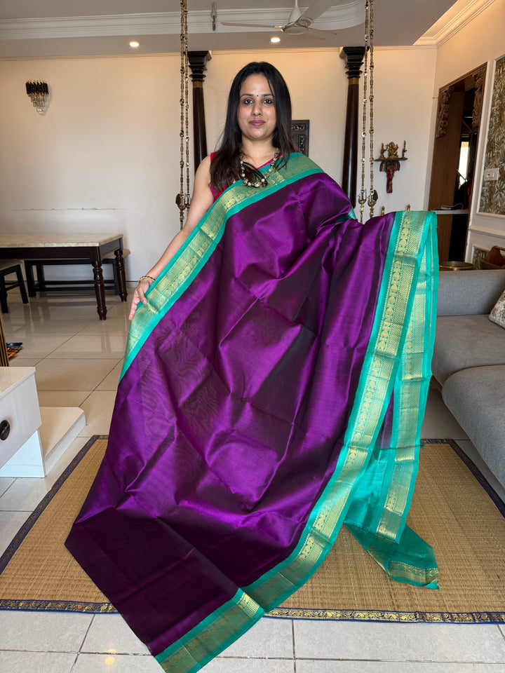 Purple with Turquoise Blue , traditional border rich pallu korvai silk cotton saree