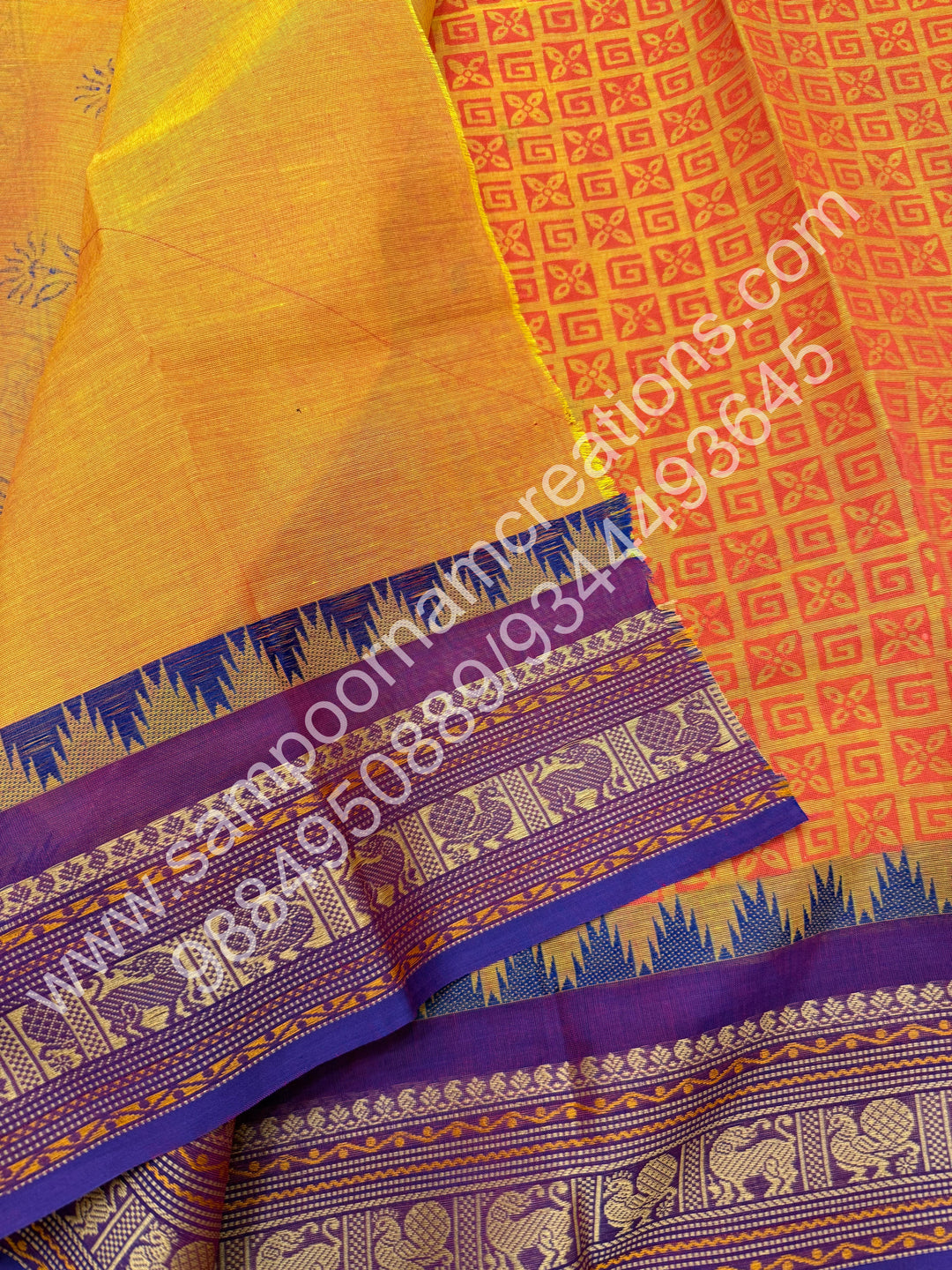 Orange with Yellow , Floral  Handblock Printed  Chettinad Cotton Saree