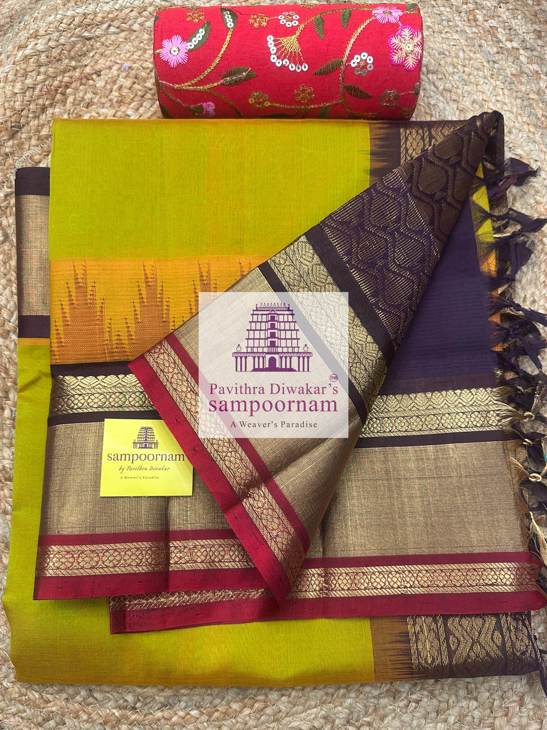 Manthulir Green with Brown, One Side Big Temple Border, Grand Pallu , Korvai Silk Cotton Saree