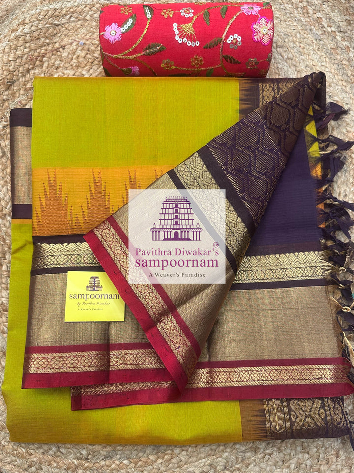 Manthulir Green with Brown, One Side Big Temple Border, Grand Pallu , Korvai Silk Cotton Saree