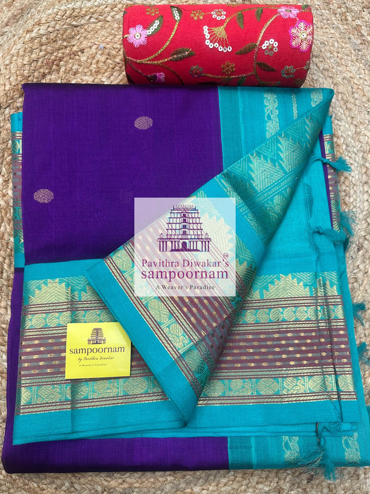 Purple with Turquoise Blue, Rettapet Lakshadeepam Border , Zari Butta in the Body and Grand Pallu , Korvai Silk Cotton Saree