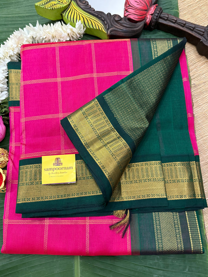 Dark Pink with Green , Rich Zari Big Checks in the Body , Traditional Borders and Rich Pallu Korvai Silk Cotton Saree
