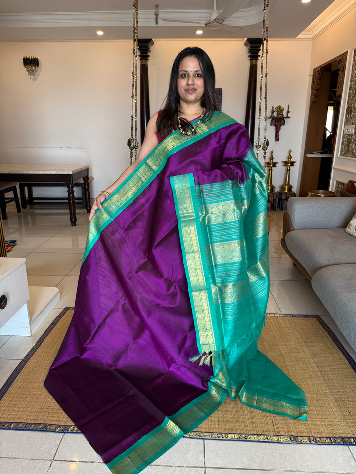 Purple with Turquoise Blue , traditional border rich pallu korvai silk cotton saree