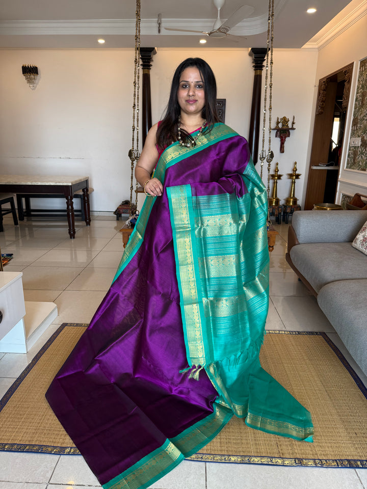 Purple with Turquoise Blue , traditional border rich pallu korvai silk cotton saree