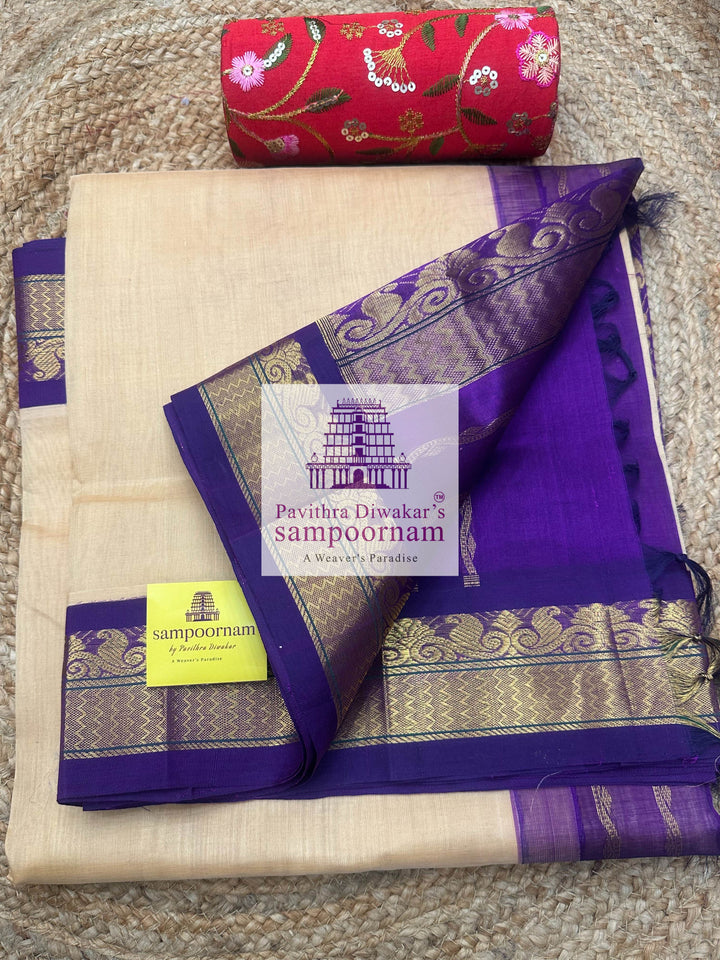 Biscuit with Purple, traditional Borders and Rich Pallu Korvai Silk Cotton Saree