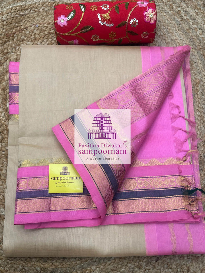 Light Beige with Baby Pink, Traditional Borders and Rich Pallu Korvai Silk Cotton Saree