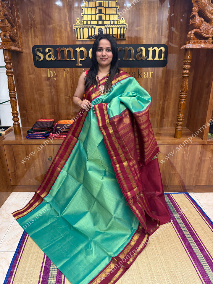 Double Shaded Green with Red , rettapet borders and grand Pallu Korvai Silk Cotton Saree