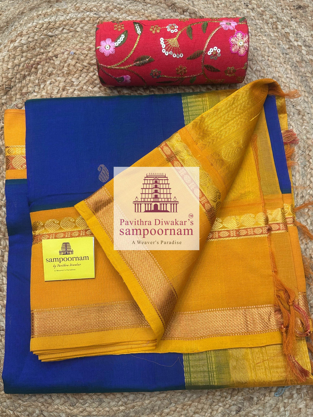 MS Blue with Mustard, Traditional rettapet Border, Mango butta in the Body and Grand Pallu , Korvai Silk Cotton Saree