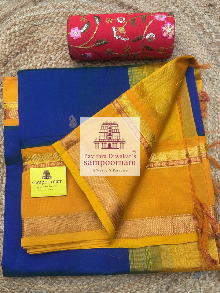 MS Blue with Mustard, Traditional rettapet Border, Mango butta in the Body and Grand Pallu , Korvai Silk Cotton Saree
