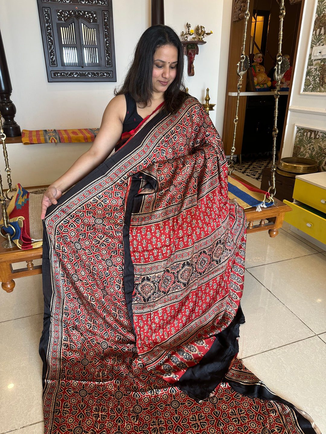 Red Ajrakh Natural Handblock Printed Pure Modal Silk Saree