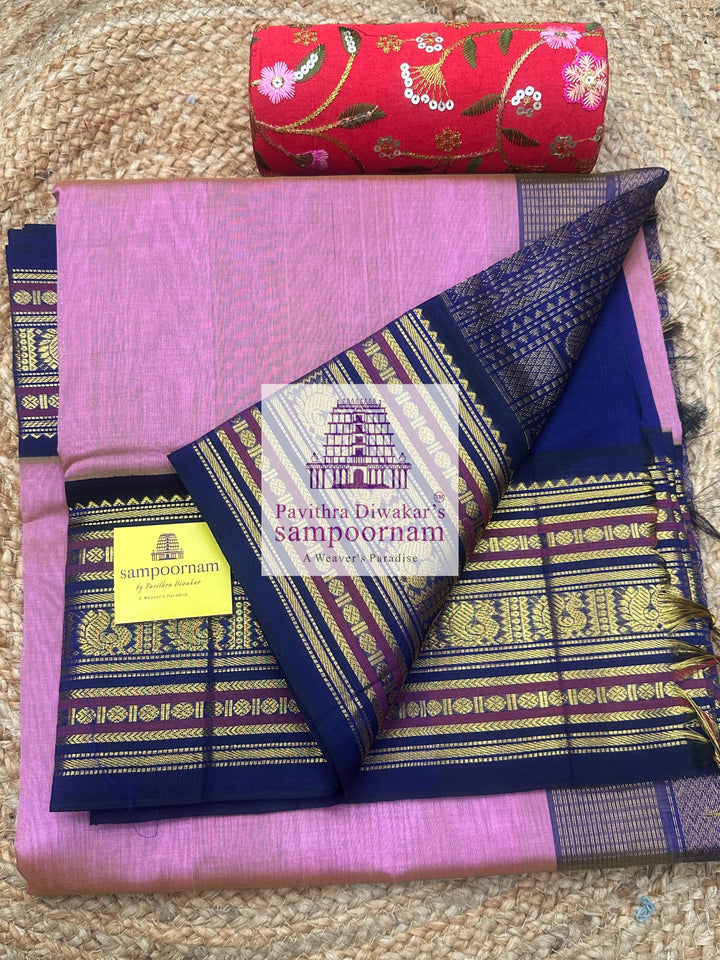 Muave with Indigo Blue, traditional Kanchi Borders and Grand Pallu Korvai Silk Cotton Saree