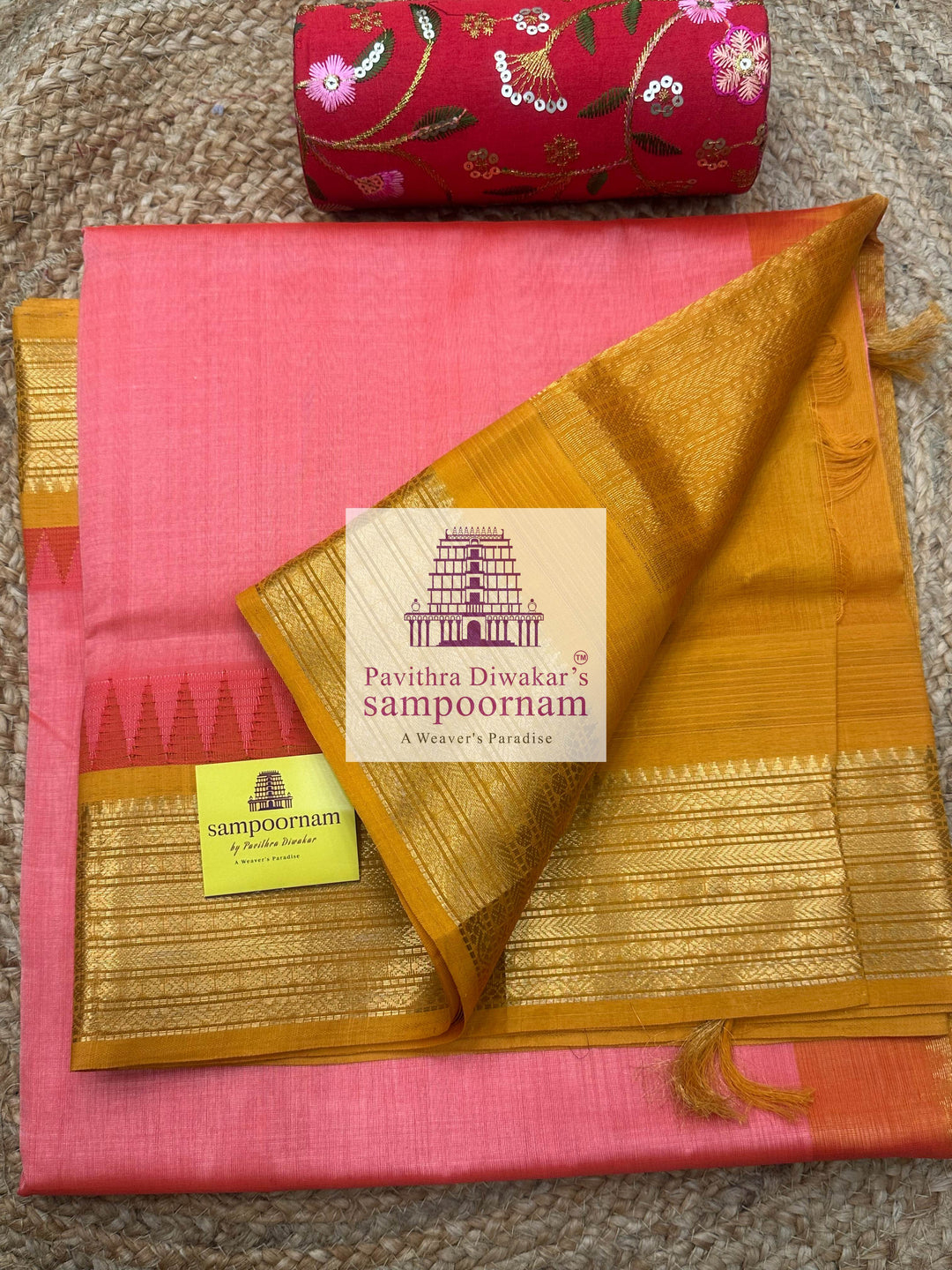 Peach Pink with Mustard , Traditional Temple Border and Grand Pallu Korvai Silk Cotton Saree
