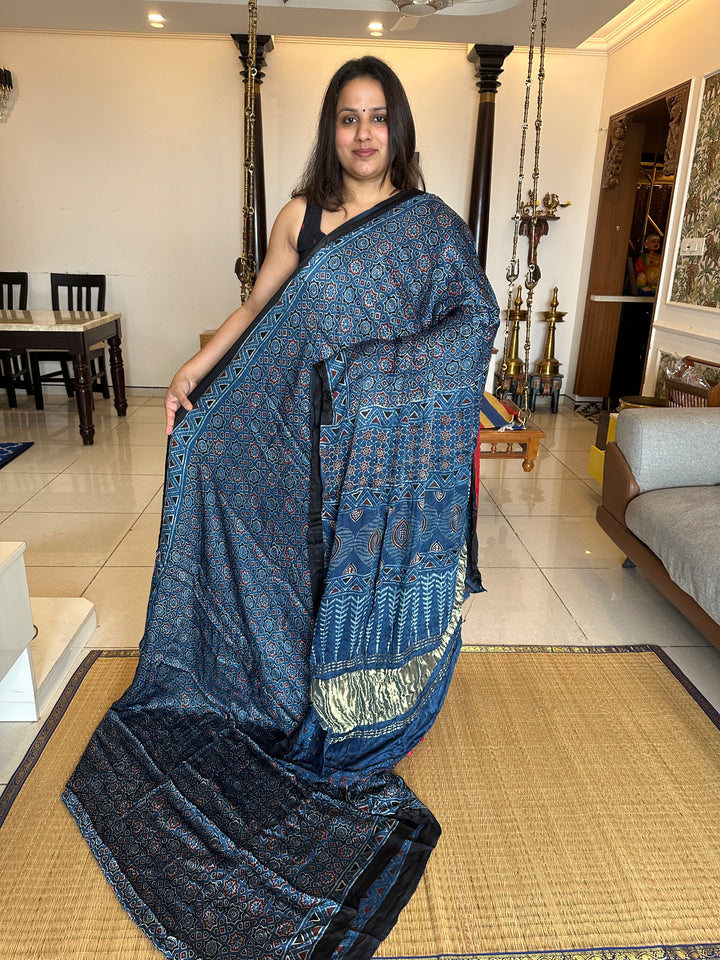 Indigo Blue with Ajrakh Natural Handblock Printed Tissue Pallu Pure Modal Silk Saree