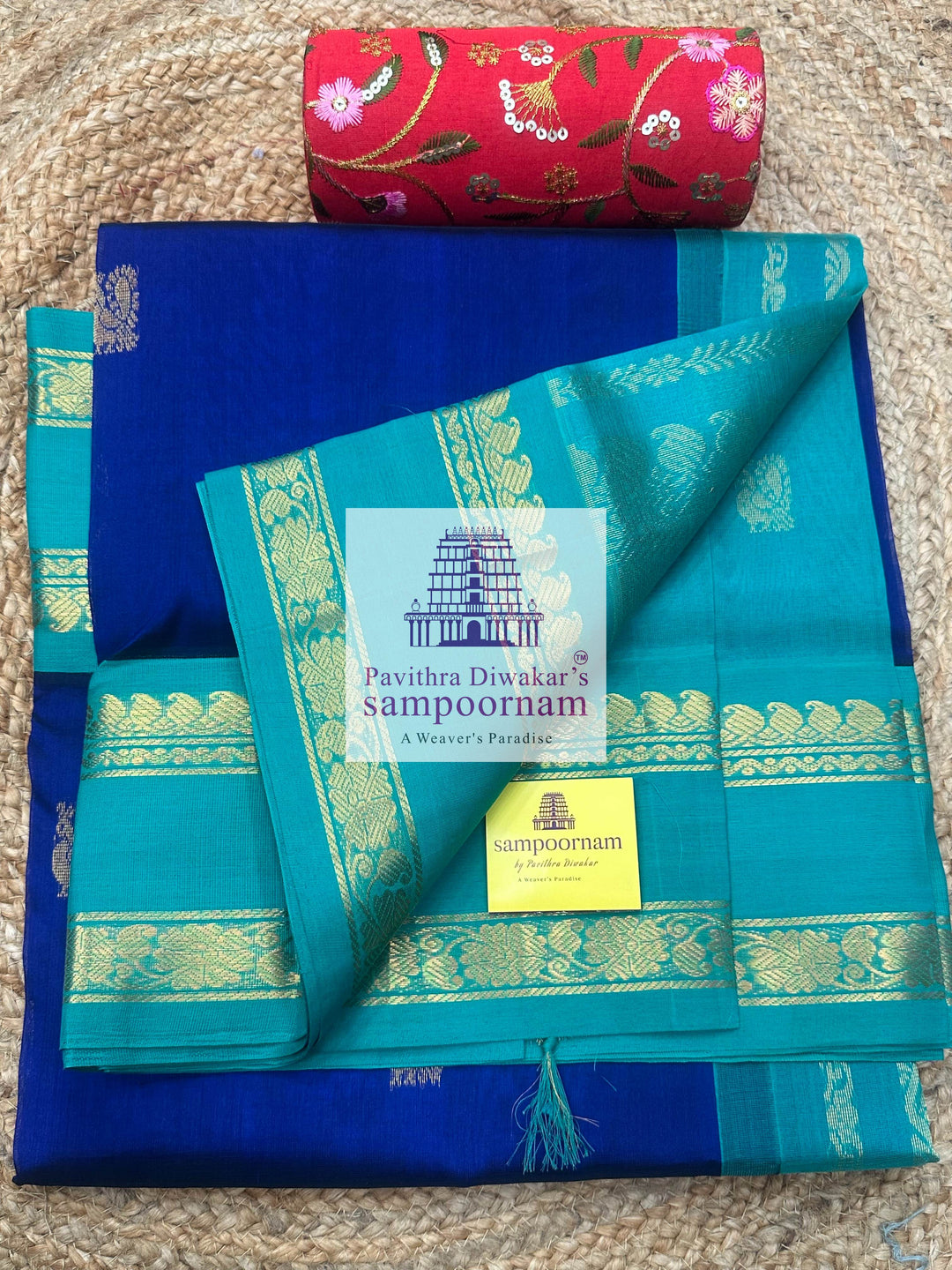 Dark Blue with Light Blue, Zari Butta in the body, Traditional Rettapet Border and Grand Pallu ,Korvai Silk Cotton Saree