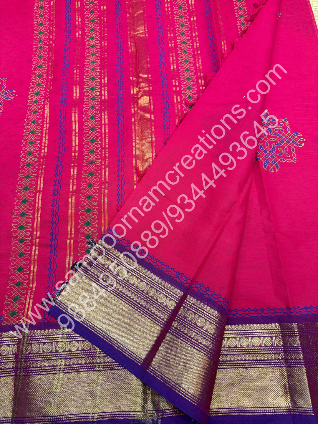 Dark Pink , Kolam Handblock Printed Chettinad Cotton Saree