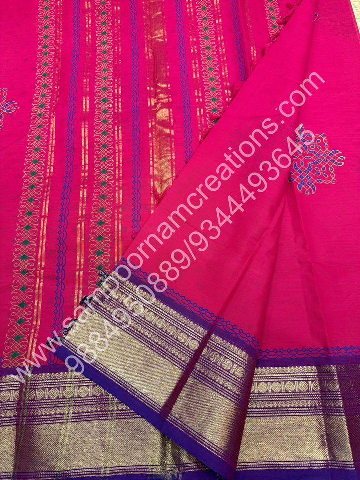 Dark Pink , Kolam Handblock Printed Chettinad Cotton Saree