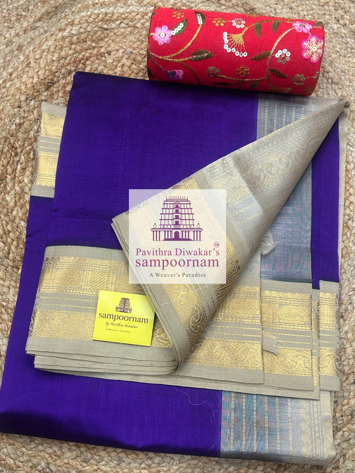Purple with Beige, Traditional Borders and Rich Pallu ,Korvai Silk Cotton Saree