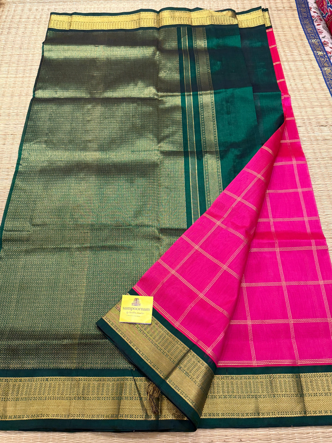 Dark Pink with Green , Rich Zari Big Checks in the Body , Traditional Borders and Rich Pallu Korvai Silk Cotton Saree