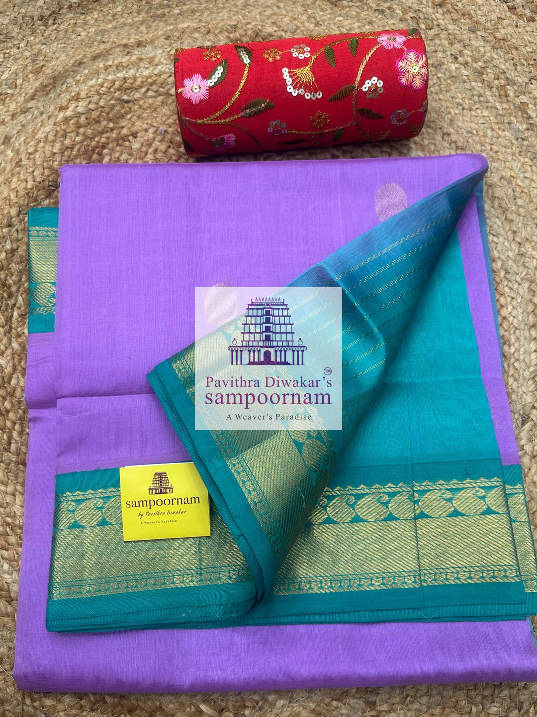 Lavender with Turquoise Blue, Rich Zari Butta in the Body, Traditional Borders and Grand Pallu Korvai Silk Cotton Saree