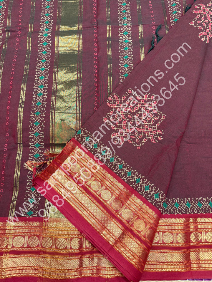 Dark Maroon , Kolam Handblock Printed Chettinad Cotton Saree