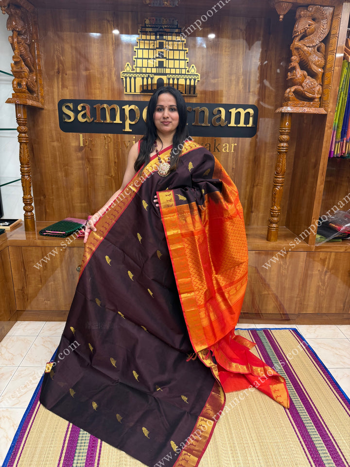 Dark Brown with Orange , Parrot Zari motif in the body and  traditional border , grand Pallu Silk Cotton Saree