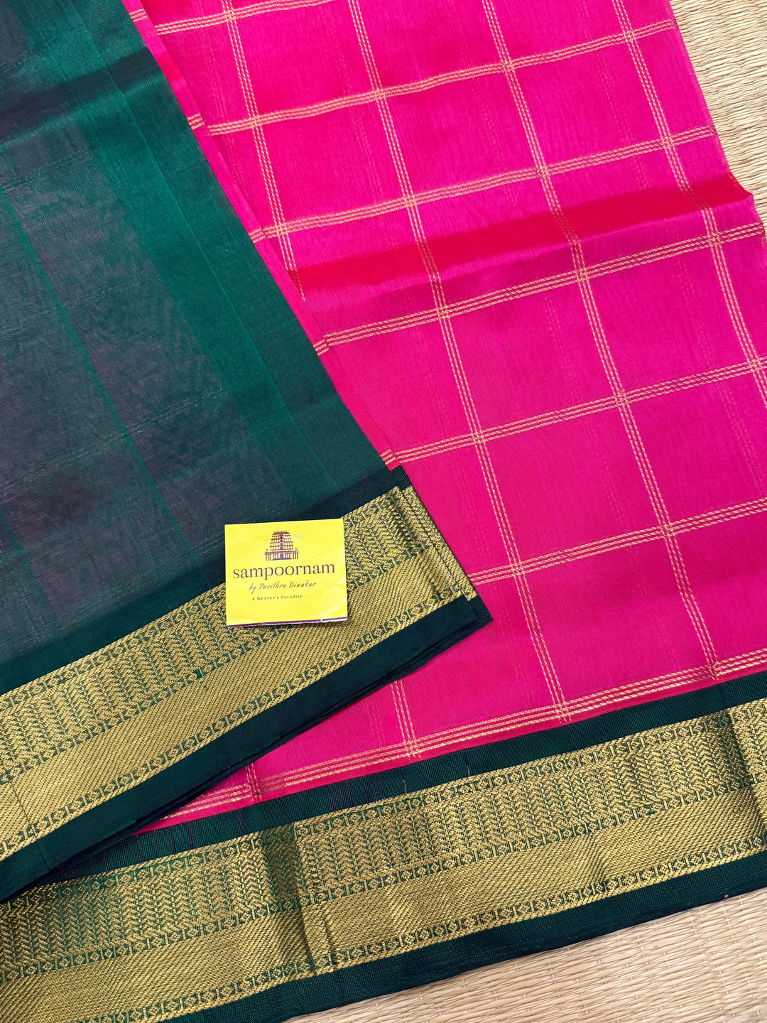 Dark Pink with Green , Rich Zari Big Checks in the Body , Traditional Borders and Rich Pallu Korvai Silk Cotton Saree