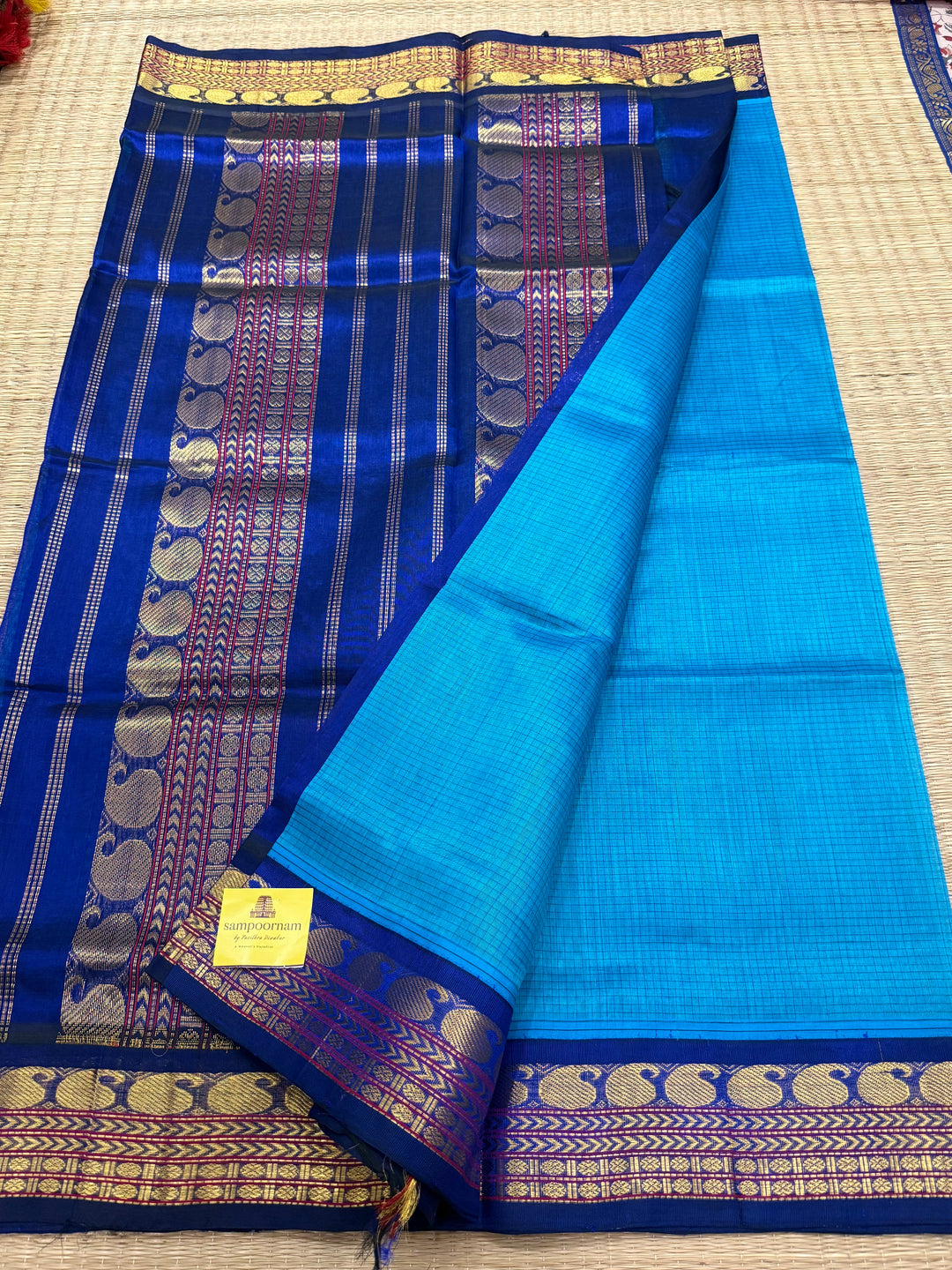 Dark Blue with Light Blue , Podi Kattam in the Body , traditional Borders and rich Pallu Korvai Silk Cotton Saree