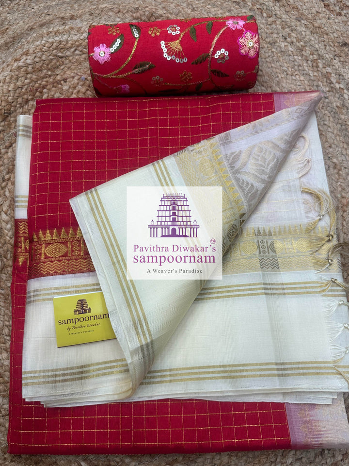Red with Offwhite, Zari Body Checks, Rettapet Border and Grand Pallu Korvai Silk Cotton Saree
