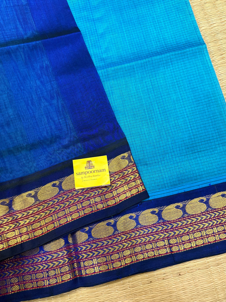 Dark Blue with Light Blue , Podi Kattam in the Body , traditional Borders and rich Pallu Korvai Silk Cotton Saree