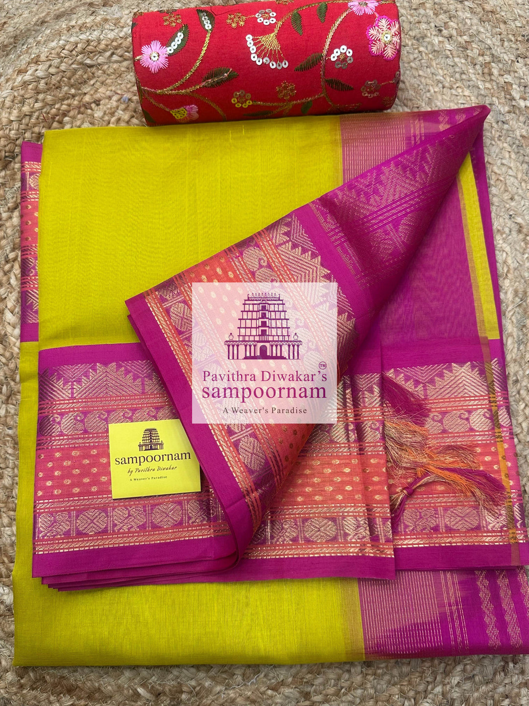 Lemon Yellow with Pink, Traditional Rettapet Border with Lakshadeepam Butta and Grand Pallu Korvai Silk Cotton Saree