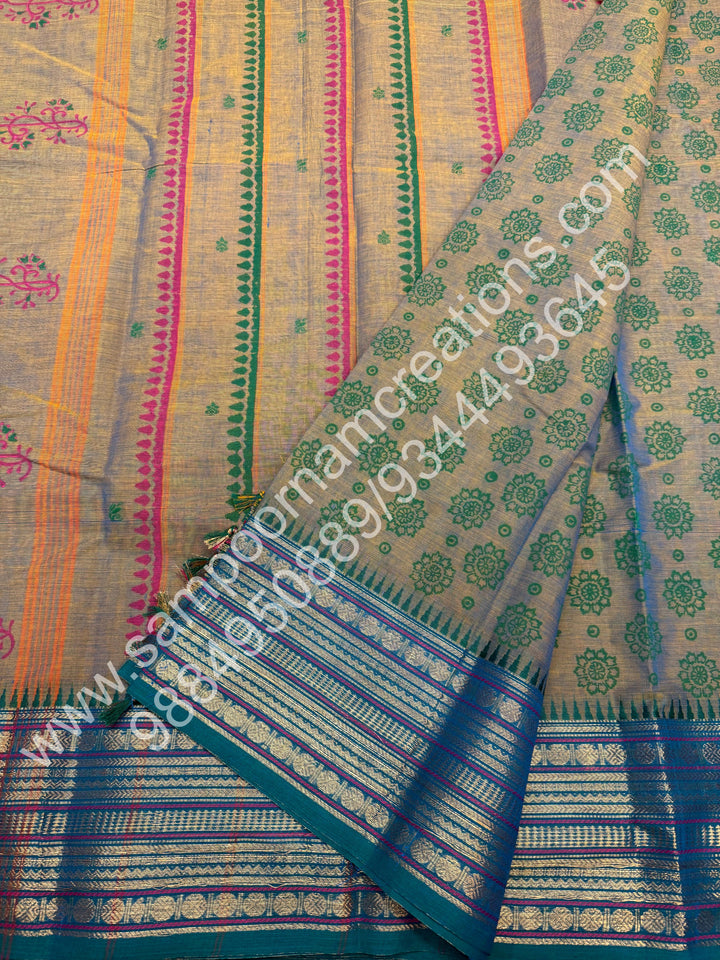 Greyish Blue , Kolam Handblock Printed  Chettinad Cotton Saree