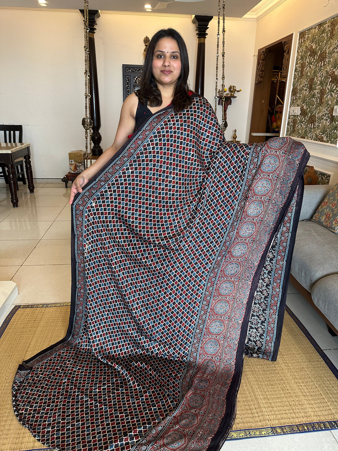 Black,Red ,Indigo Blue with Ajrakh Natural Handblock Printed Tissue Pallu Pure Modal Silk Saree