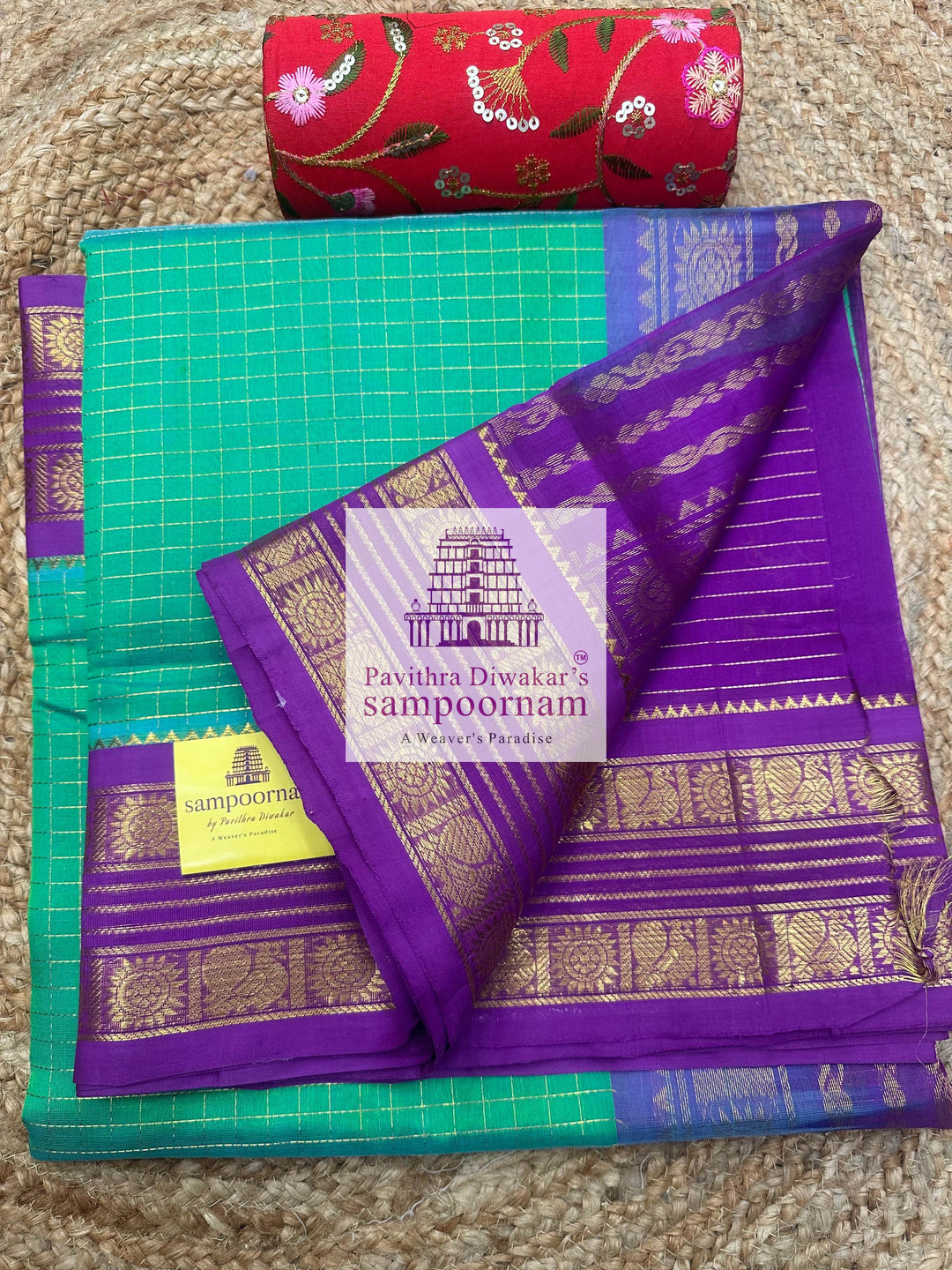 Turquoise Blue with Purple, Rettapet Traditional Borders, Rich Zari Checks in the Body and Grand Pallu ,Korvai Silk Cotton Saree